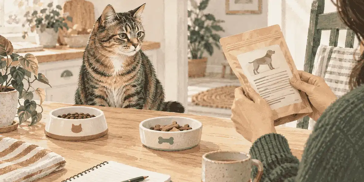 A tabby cat waits beside separate unbranded treat dishes while a caregiver checks a dog-treat label.