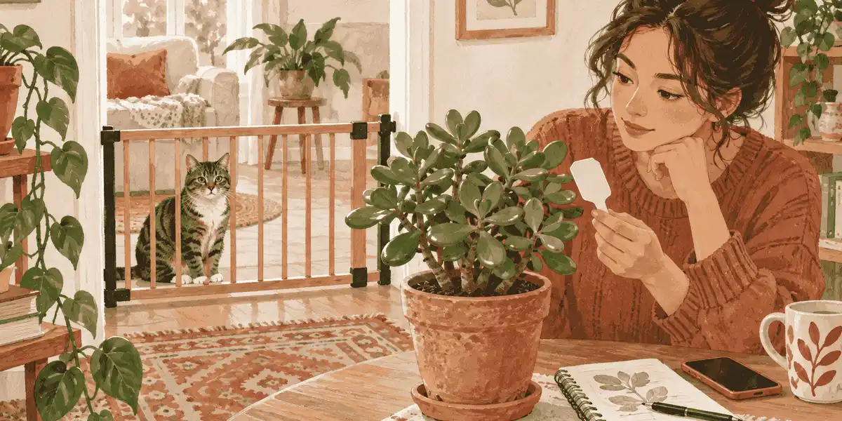 A cat watches from behind a low gate while a caregiver checks a jade plant label beside a phone and notebook.
