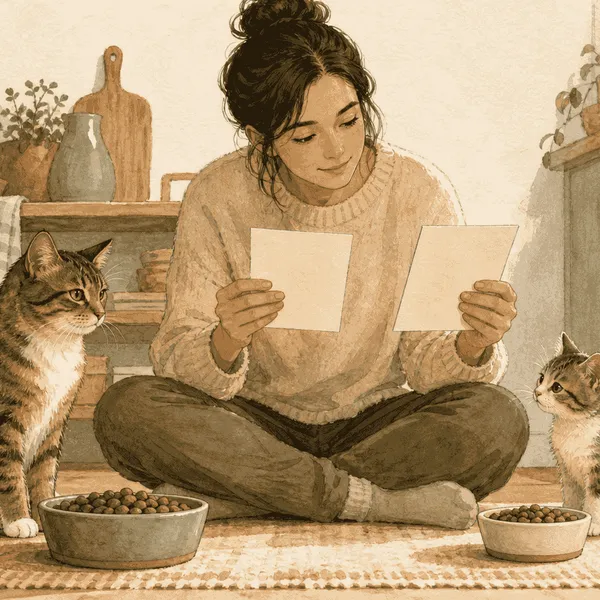 An adult cat and a kitten sit beside separate food bowls while a caregiver checks two unbranded food labels.