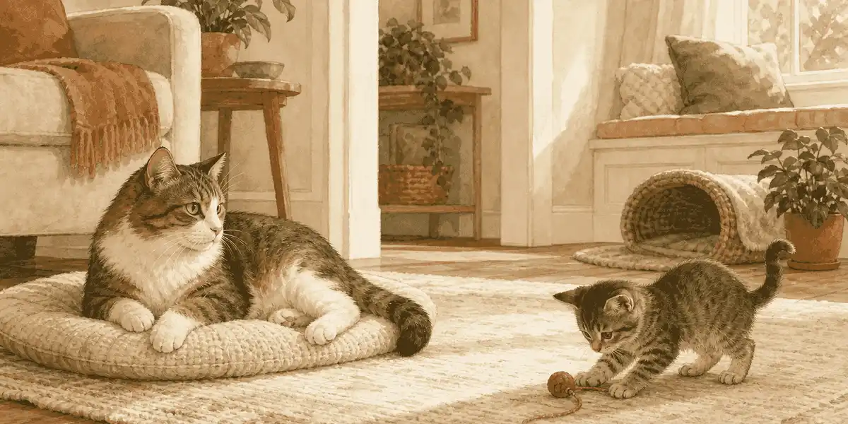 Adult tabby cat resting on a floor cushion while a tabby kitten plays across a sunlit room.