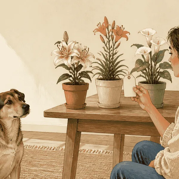 A dog waits beside a garden table while a caregiver compares three flower labels in a sunny room.