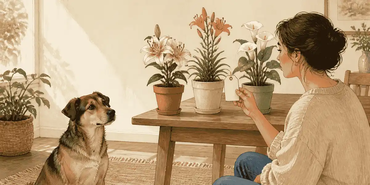 A dog waits beside a garden table while a caregiver compares three flower labels in a sunny room.