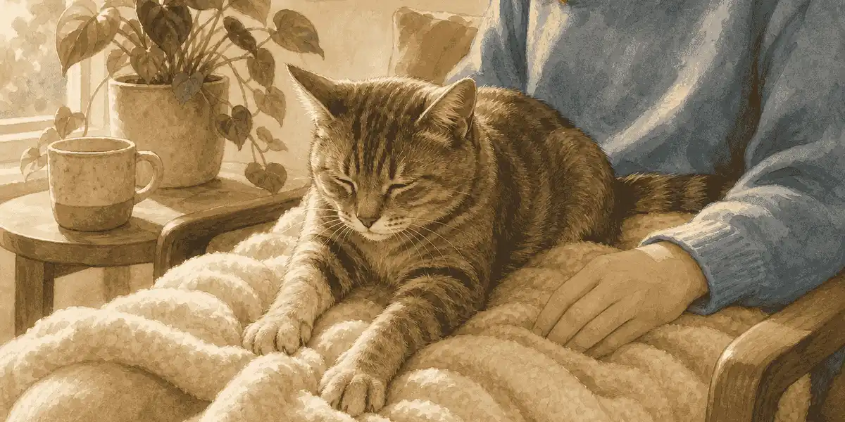 Relaxed gray tabby cat kneading a thick cream blanket across a caregiver's lap.