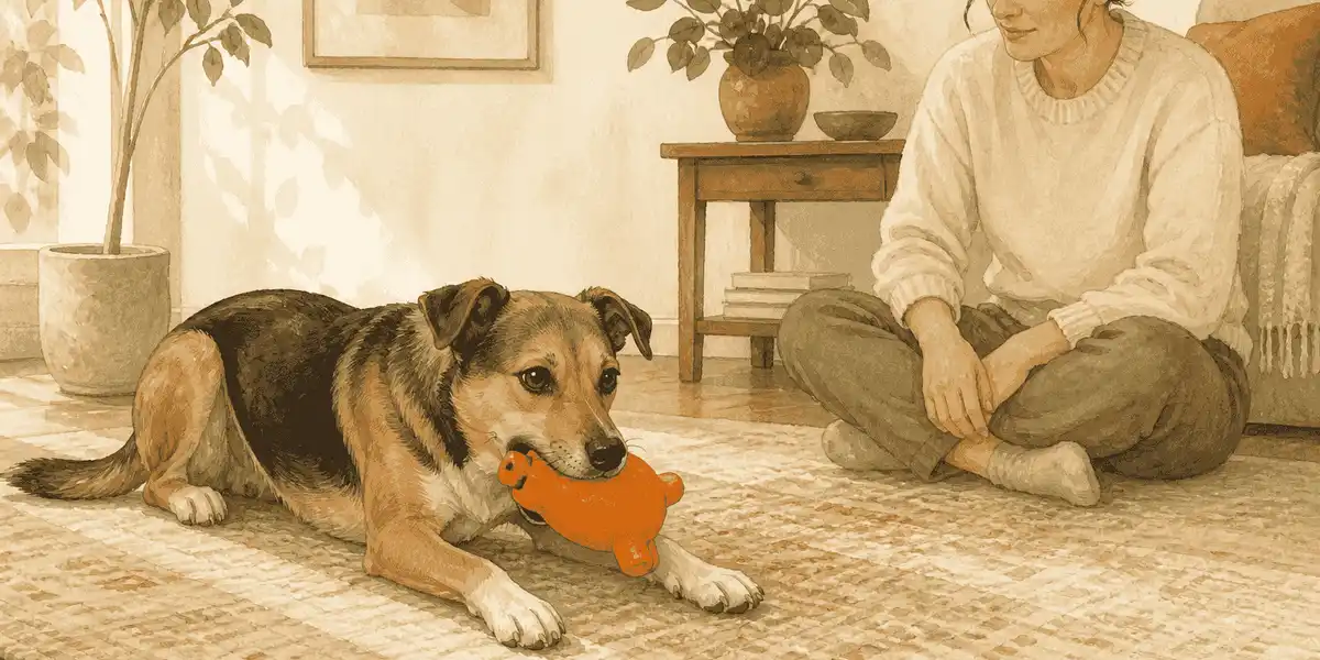 A mixed-breed dog holds an intact orange squeaky toy while a caregiver sits nearby on a rug.