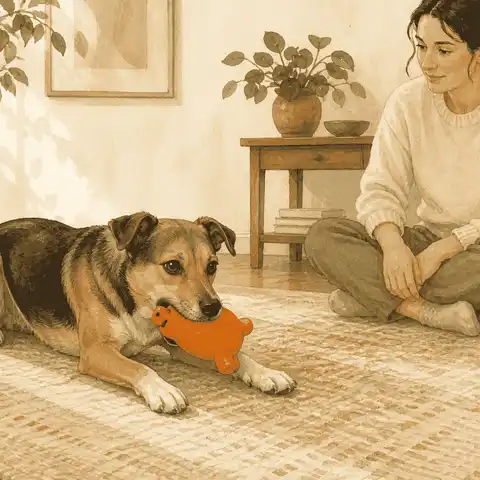 A mixed-breed dog holds an intact orange squeaky toy while a caregiver sits nearby on a rug.