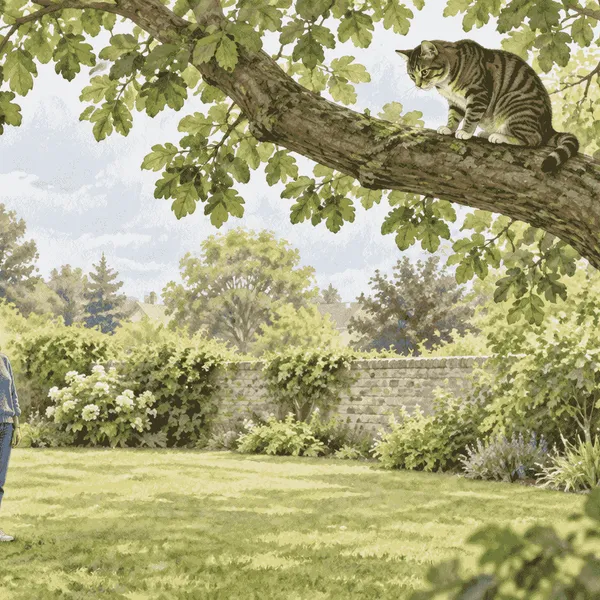 A tabby cat pauses on a sturdy tree branch while a caregiver watches from a safe, quiet distance.