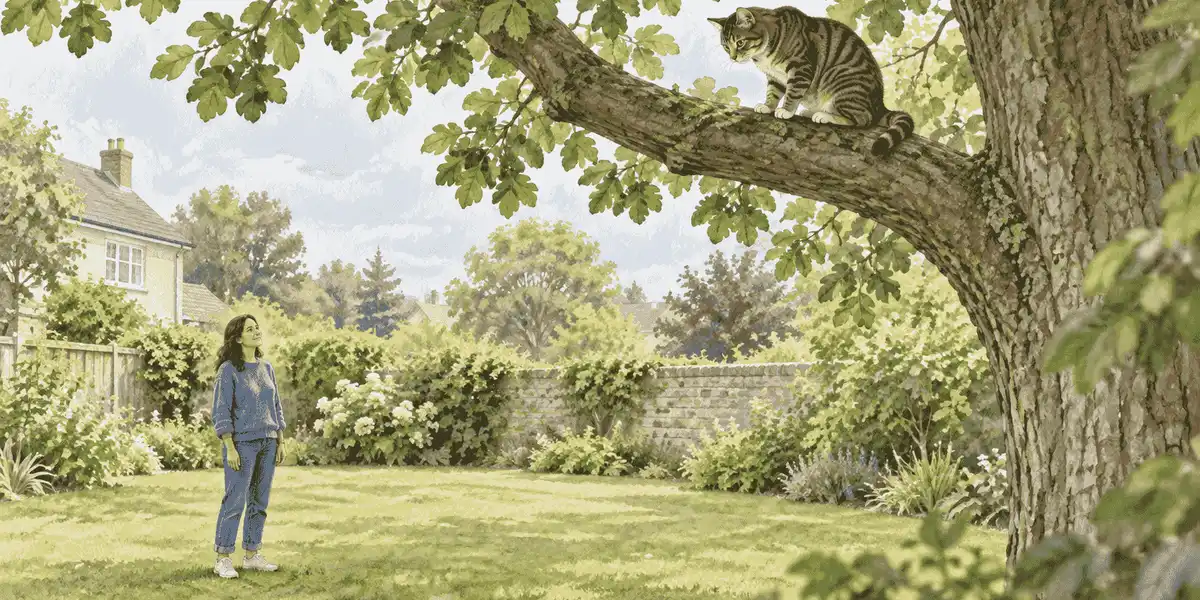 A tabby cat pauses on a sturdy tree branch while a caregiver watches from a safe, quiet distance.