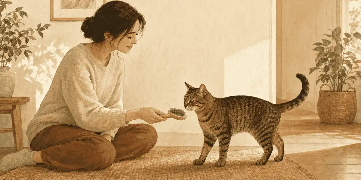 A seated caregiver holds a grooming brush near a relaxed tabby cat with an open path to walk away.