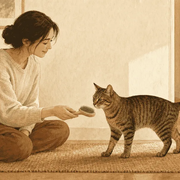A seated caregiver holds a grooming brush near a relaxed tabby cat with an open path to walk away.