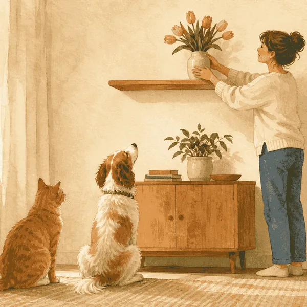 A cat and a dog sitting beside a table while a vase of tulips remains out of reach.