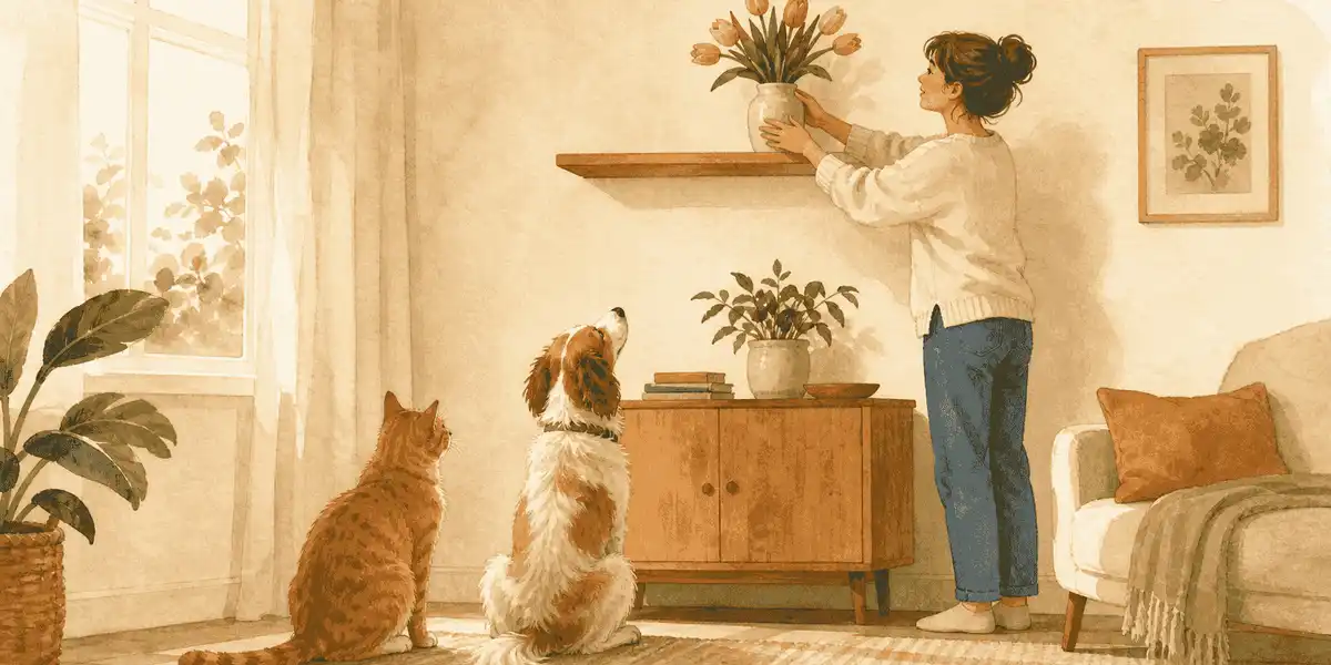 A cat and a dog sitting beside a table while a vase of tulips remains out of reach.