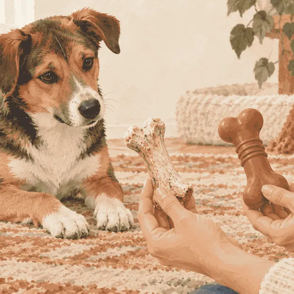 A young mixed-breed dog watches a caregiver compare a worn bone-shaped chew with an intact rubber chew on a warm rug.