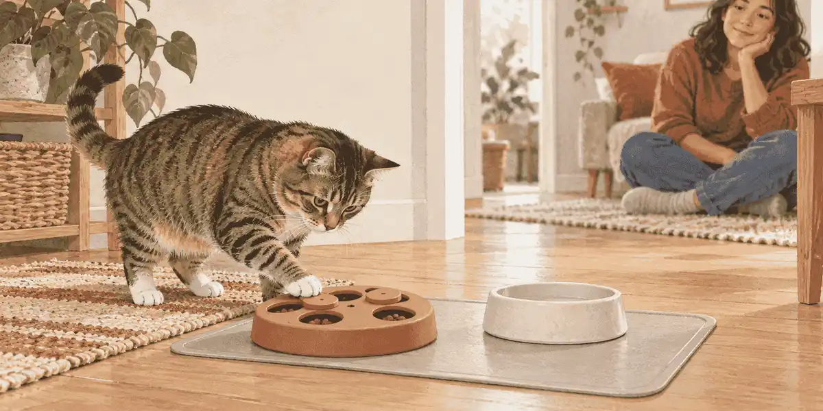 A tabby cat nudges an easy food puzzle on a clear mat while a caregiver watches from a short distance.