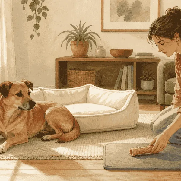 A tan mixed-breed dog rests beside an intact low bed while a caregiver checks a separate chew object nearby.