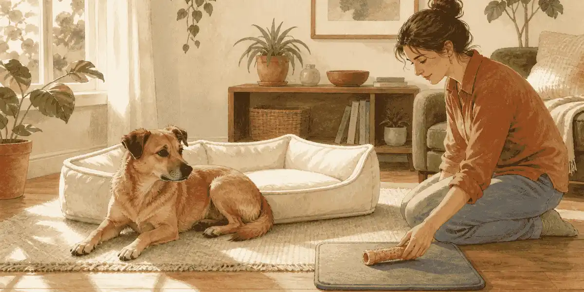 A tan mixed-breed dog rests beside an intact low bed while a caregiver checks a separate chew object nearby.