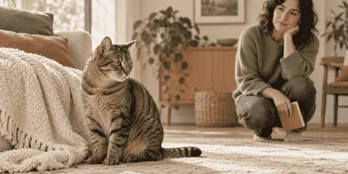A tabby cat pauses beside a familiar blanket while a caregiver records a grooming observation.