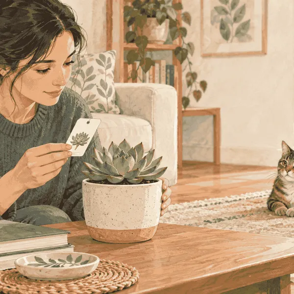 A caregiver checks a potted succulent label while a cat watches from a clear distance in a calm home.