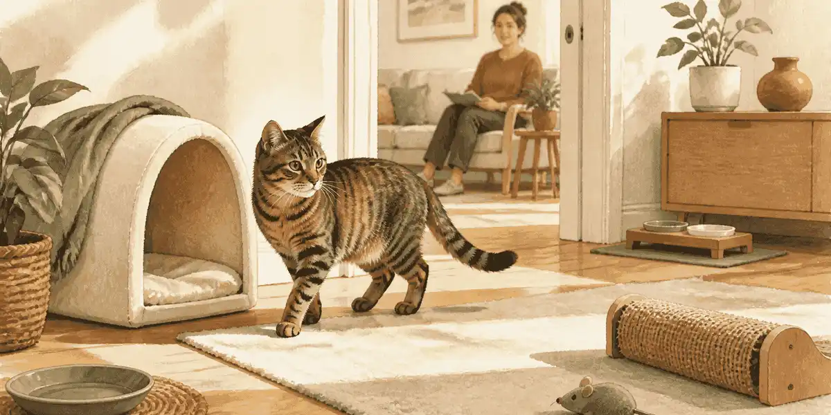 A tabby cat chooses a quiet retreat while a caregiver reviews a simple absence timeline at home.