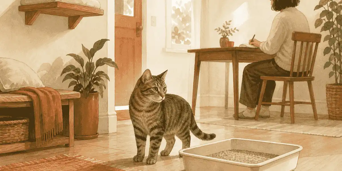 A tabby cat pauses near a clean open litter box while a caregiver notes the room layout from a distance.