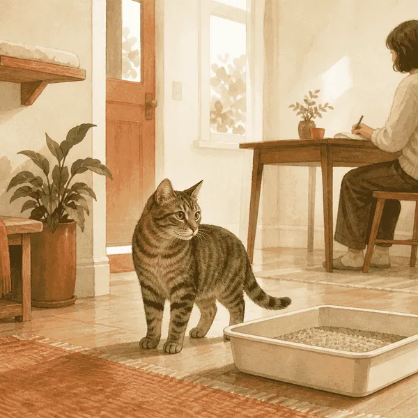 A tabby cat pauses near a clean open litter box while a caregiver notes the room layout from a distance.