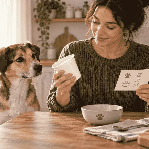 A dog watches a caregiver read a plain yogurt label beside a small treat ledger and a clean bowl.