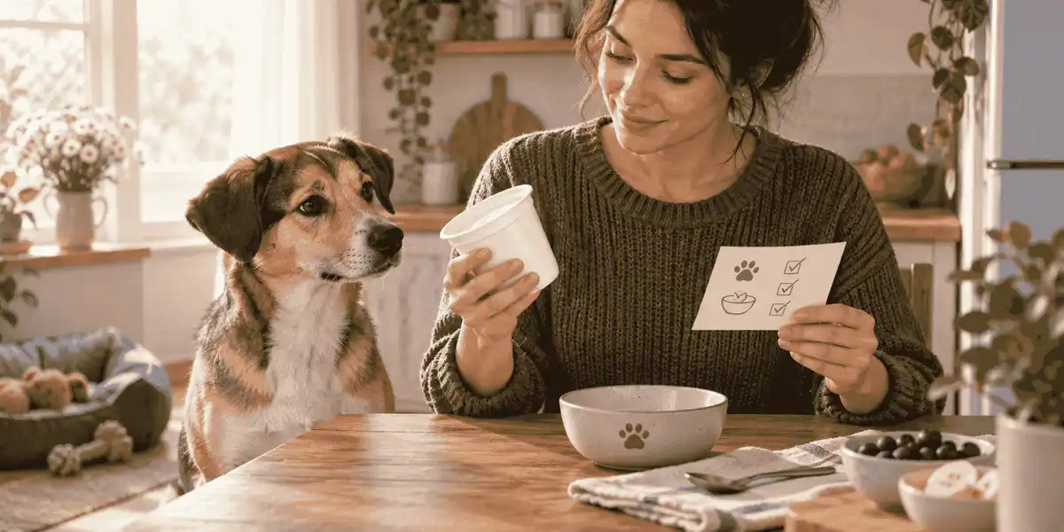 A dog watches a caregiver read a plain yogurt label beside a small treat ledger and a clean bowl.