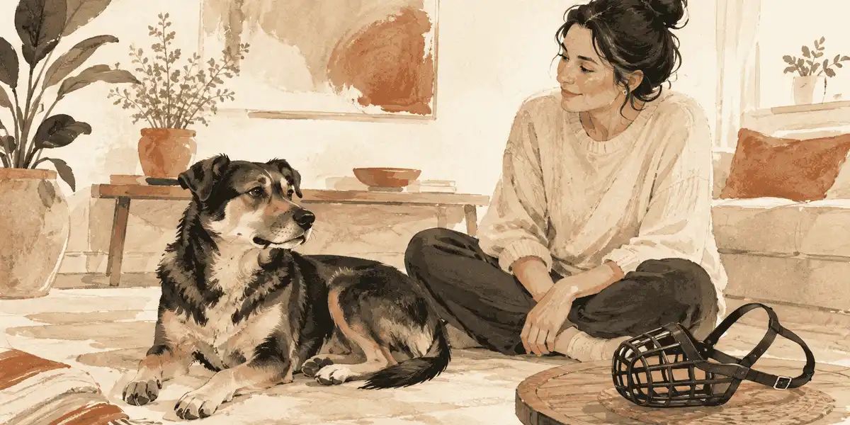A relaxed mixed-breed dog watches an unbranded muzzle beside a seated caregiver in a bright, quiet room.