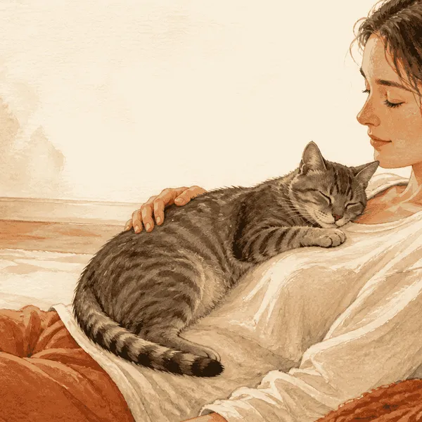 A gray tabby cat rests on a caregiver's chest while the caregiver keeps one hand still and an open route remains nearby.