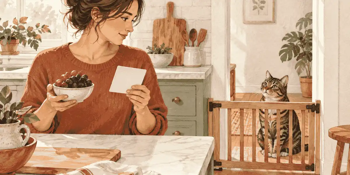A caregiver checks a small bowl of grapes beside a phone while a tabby cat waits behind a quiet kitchen gate.