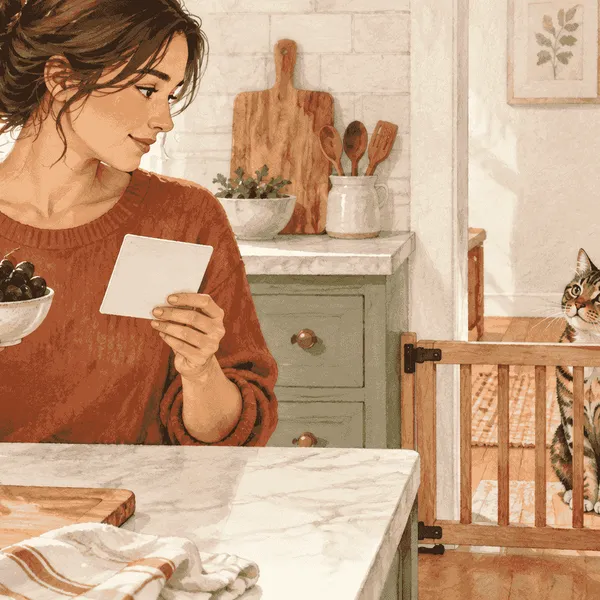 A caregiver checks a small bowl of grapes beside a phone while a tabby cat waits behind a quiet kitchen gate.