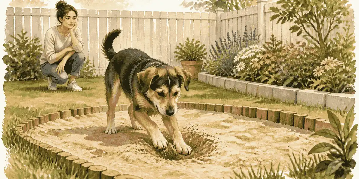 A young mixed-breed dog paws at a clean sand area while a caregiver keeps a garden fence and flower bed behind a low barrier.