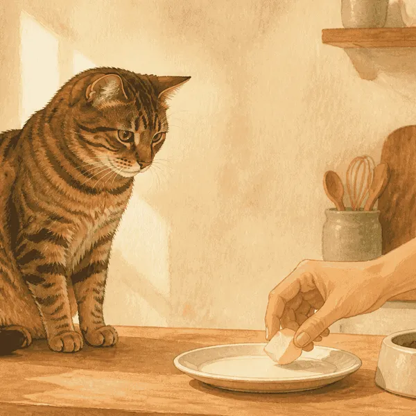 A tabby cat watches a caregiver prepare a small piece of fruit beside the cat's regular food bowl.