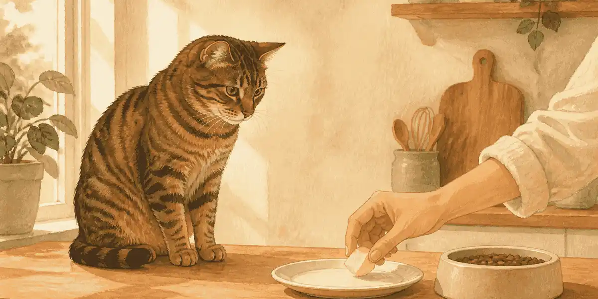 A tabby cat watches a caregiver prepare a small piece of fruit beside the cat's regular food bowl.