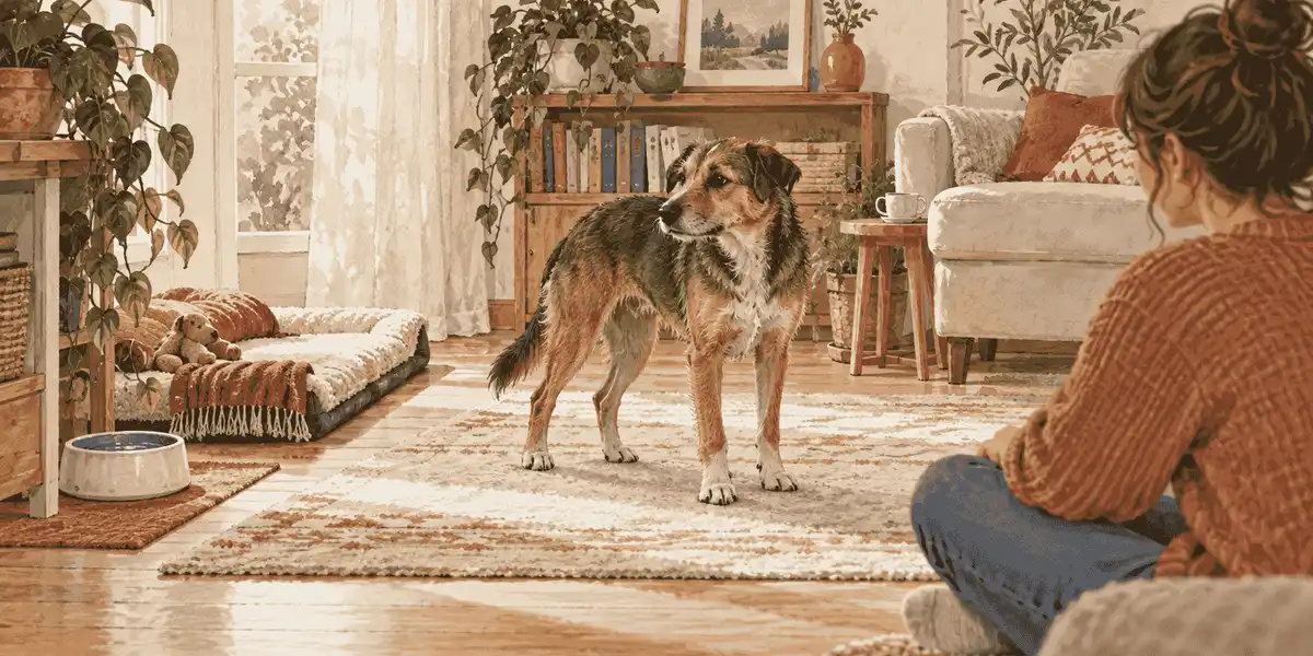 A newly adopted mixed-breed dog pauses beside a seated caregiver in a calm living room with an open resting nook.