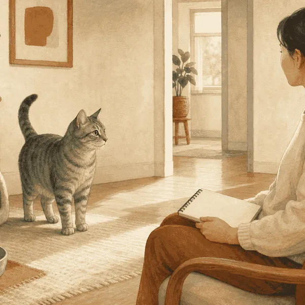 A gray tabby cat looks toward a seated caregiver with an unmarked notebook in a calm room with water, a bed, and an open route.