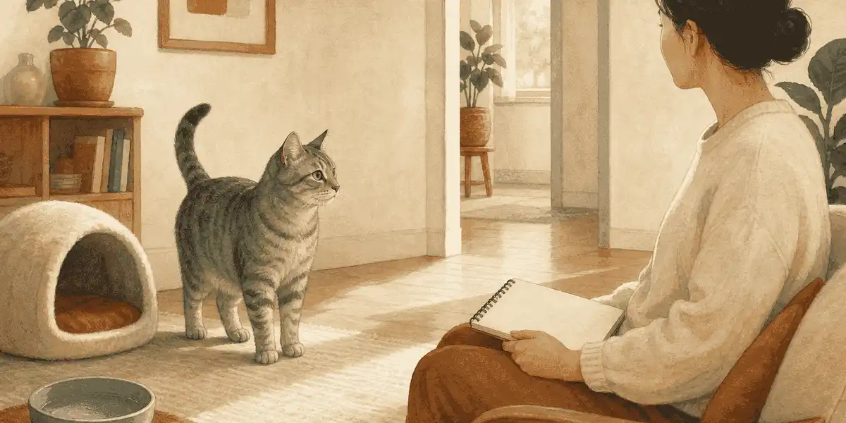 A gray tabby cat looks toward a seated caregiver with an unmarked notebook in a calm room with water, a bed, and an open route.