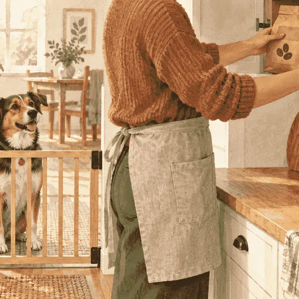 A caregiver places a labeled coffee bag in a closed cupboard while a dog waits behind a low kitchen gate.