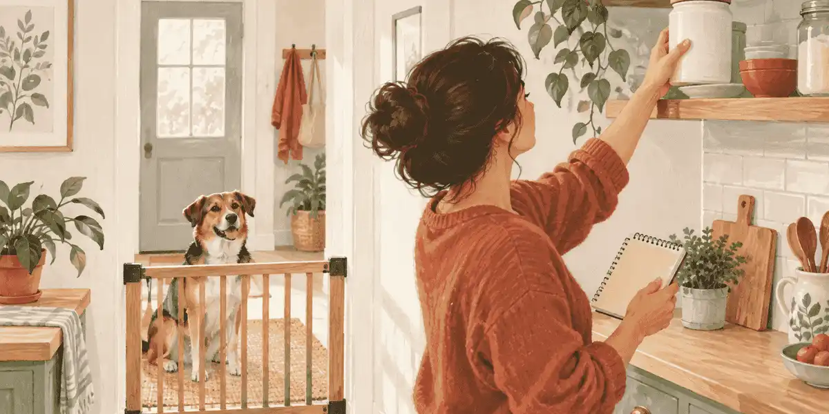A caregiver checks a plain baking-soda container on a high shelf while a calm dog waits behind a low indoor gate.