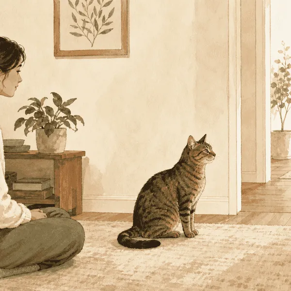 A tabby cat sits beside an open doorway while a caregiver watches quietly from a low chair.