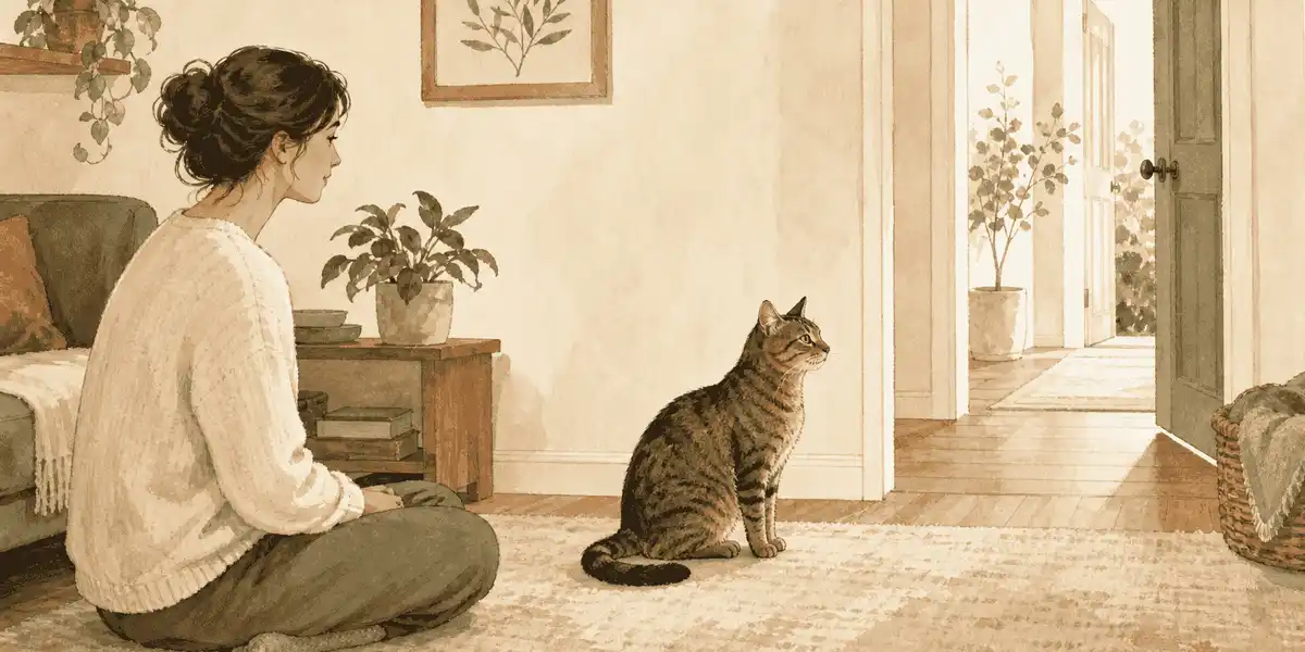A tabby cat sits beside an open doorway while a caregiver watches quietly from a low chair.