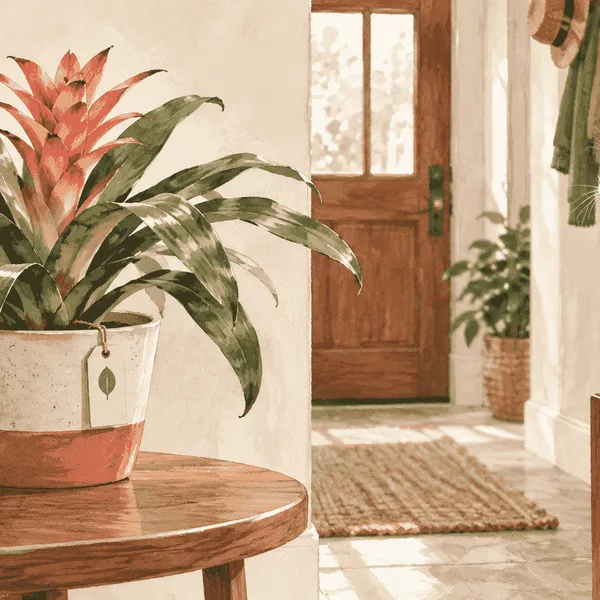 A tabby cat watches from a safe perch while a caregiver checks the label on a potted bromeliad.
