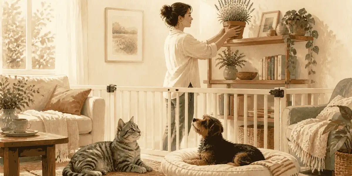 A cat and a small dog rest behind a low indoor gate while a caregiver checks a lavender plant label on a high shelf.