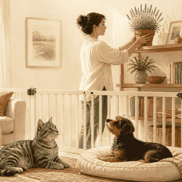 A cat and a small dog rest behind a low indoor gate while a caregiver checks a lavender plant label on a high shelf.