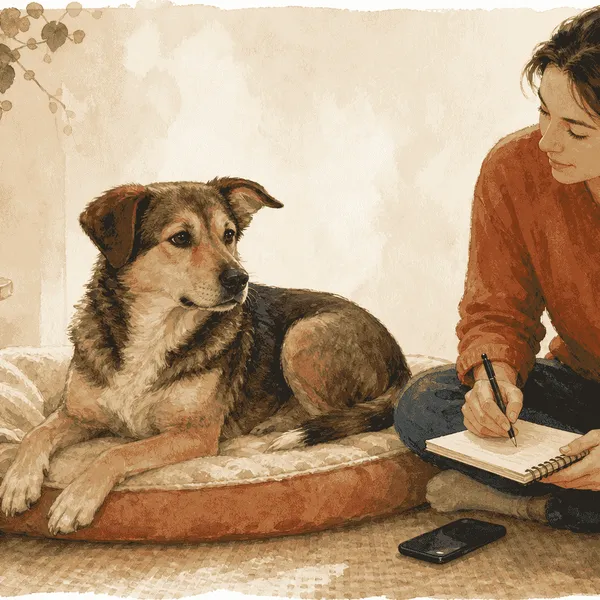 A calm dog resting beside a caregiver who is noting ear changes before calling a veterinary clinic.