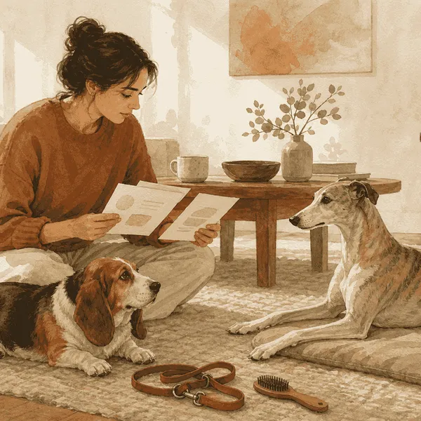 A caregiver sits on a rug with a long-eared dog and a slender dog while comparing their daily-care notes.