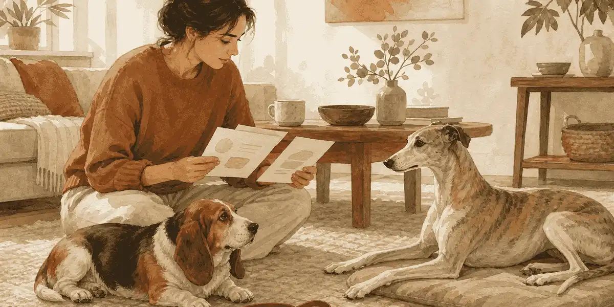 A caregiver sits on a rug with a long-eared dog and a slender dog while comparing their daily-care notes.