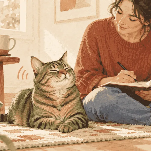 A tabby cat sits calmly beside a caregiver who is listening and writing a short observation note.