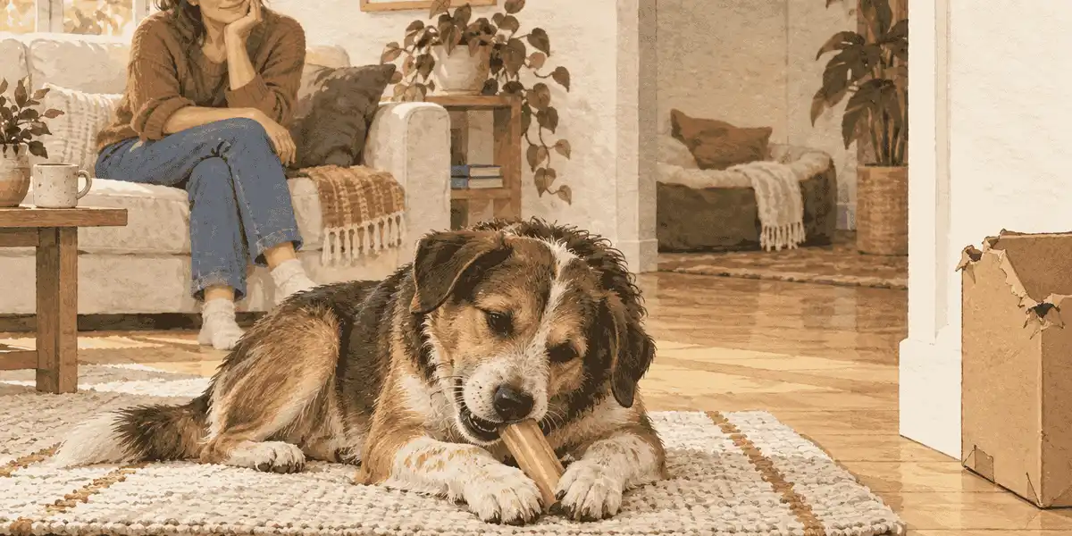 A mixed-breed dog chooses a safe chew on a mat while a caregiver observes a damaged cardboard box nearby.