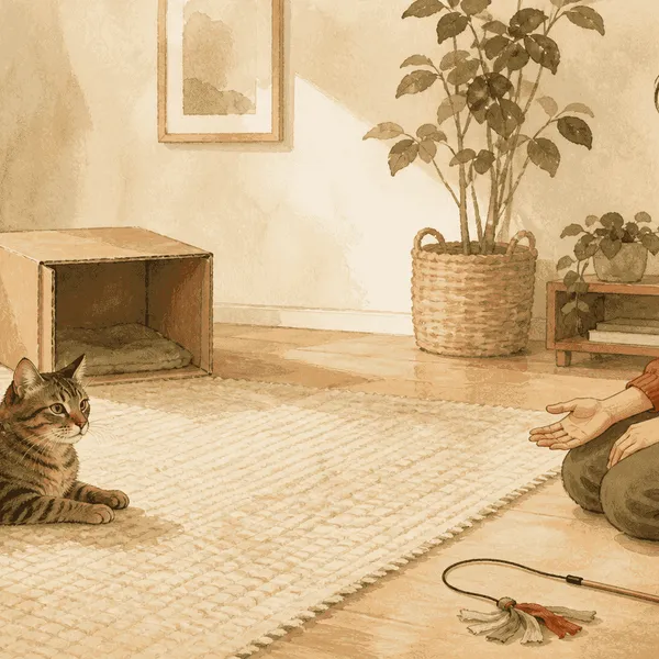 A tabby cat rests on a rug while a caregiver keeps an open hand still and places a wand toy several feet away.