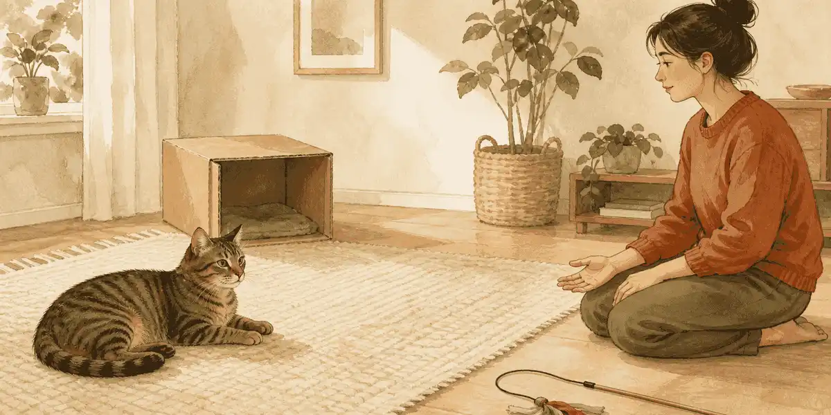 A tabby cat rests on a rug while a caregiver keeps an open hand still and places a wand toy several feet away.